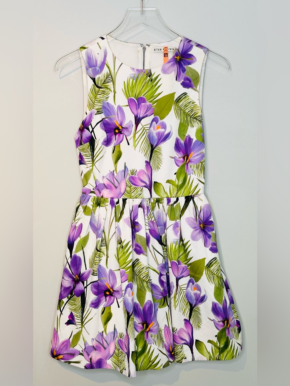 Alice + Olivia Joyce Floral White Purple Fit & Flare Sleeveless Dress - Picture 12 of 14